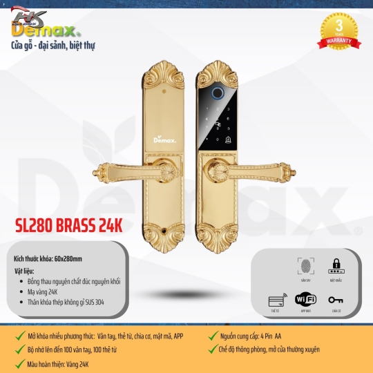 KHÓA PHÒNG BIỆT THỰ ĐẠI SẢNH DEMAX SL280 24K BRASS