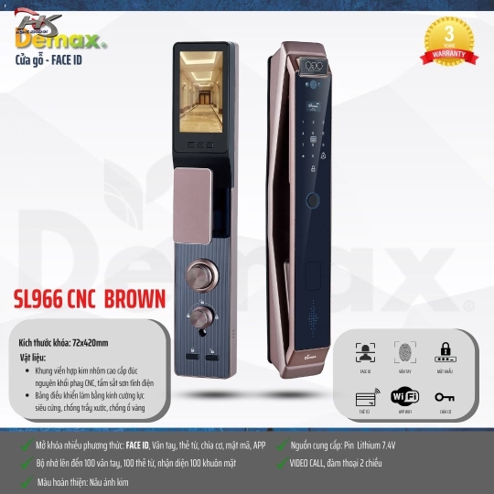 KHÓA NHẬN DIỆN KHUÔN MẶT DEMAX FACE - ID SL966 CNC BROWN