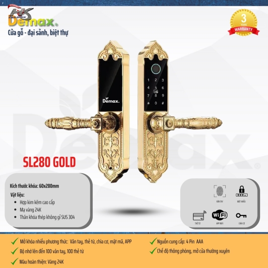 KHÓA PHÒNG BIỆT THỰ ĐẠI SẢNH DEMAX SL280 GOLD - APP