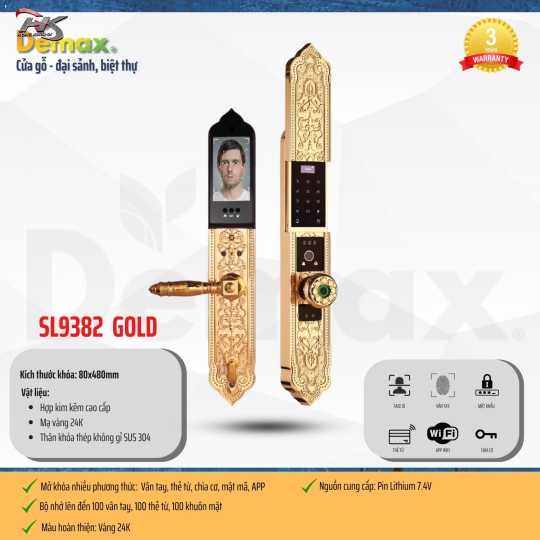 KHÓA BIỆT THỰ ĐẠI SẢNH DEMAX SL9382 GOLD - APP WIFI