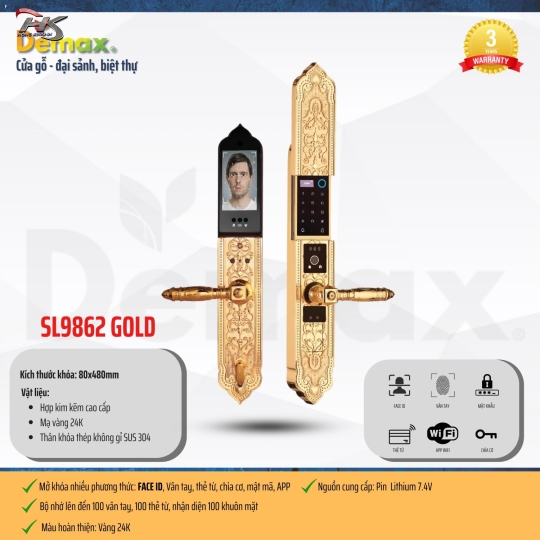 KHÓA BIỆT THỰ ĐẠI SẢNH DEMAX SL9862 GOLD - APP WIFI